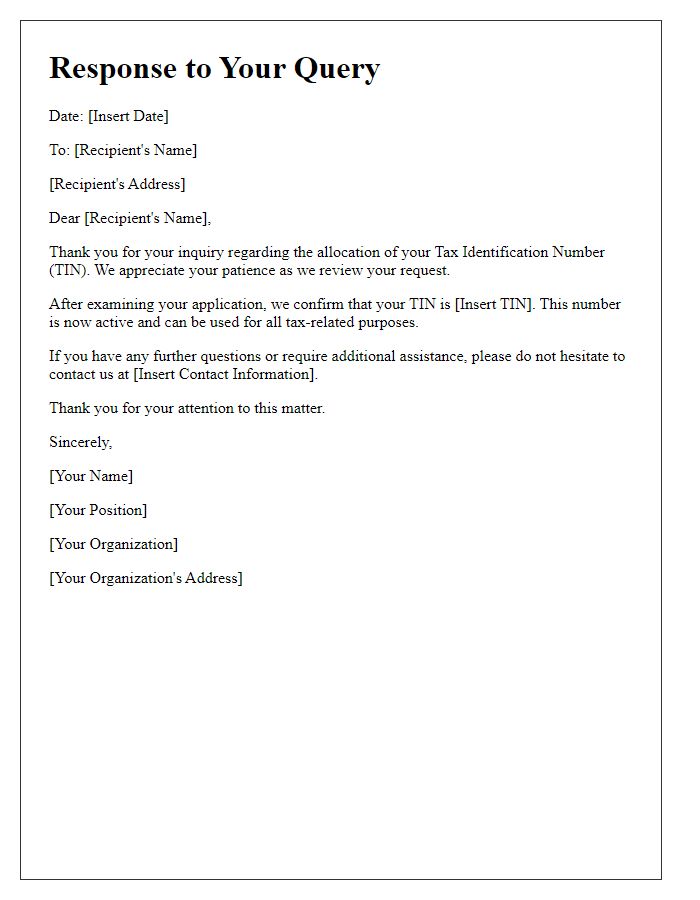 Letter template of response to tax identification number allocation query.