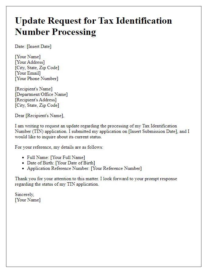 Letter template of update request for tax identification number processing.