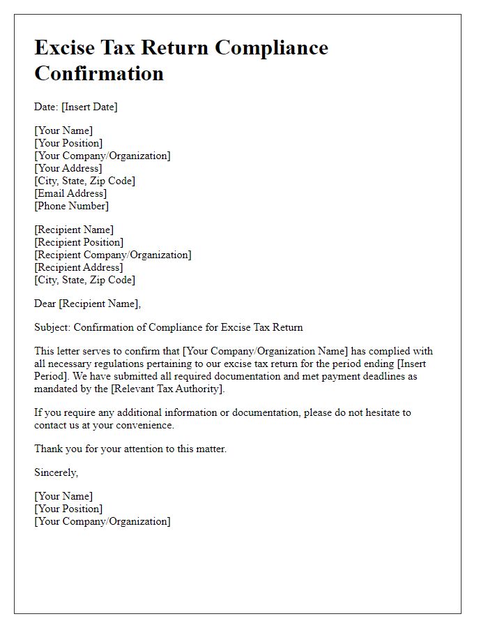 Letter template of excise tax return compliance confirmation