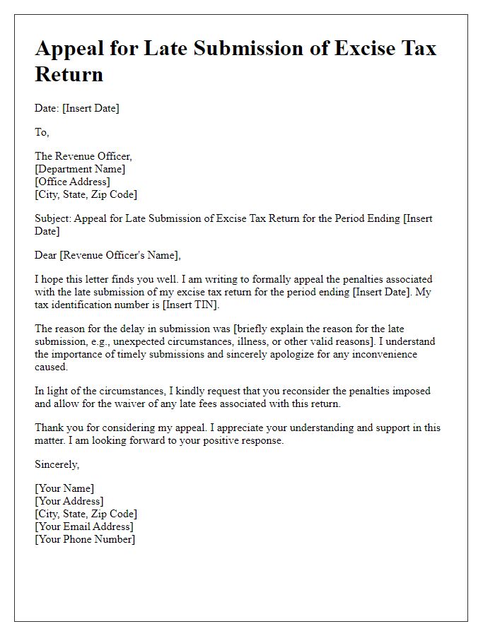 Letter template of excise tax return late submission appeal