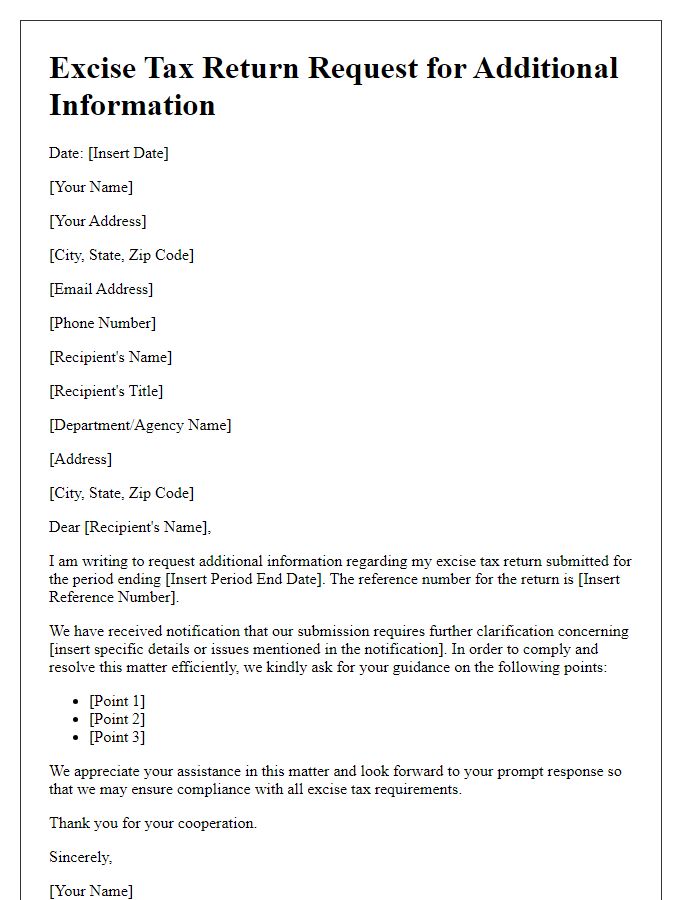 Letter template of excise tax return request for additional information