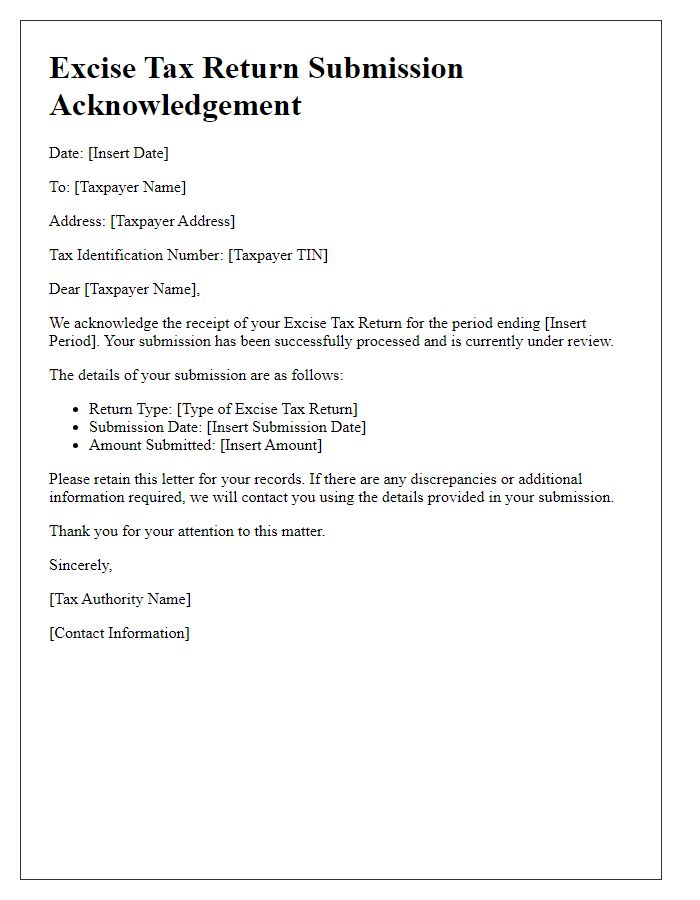 Letter template of excise tax return submission acknowledgement