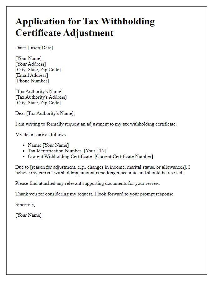 Letter template of application for tax withholding certificate adjustment