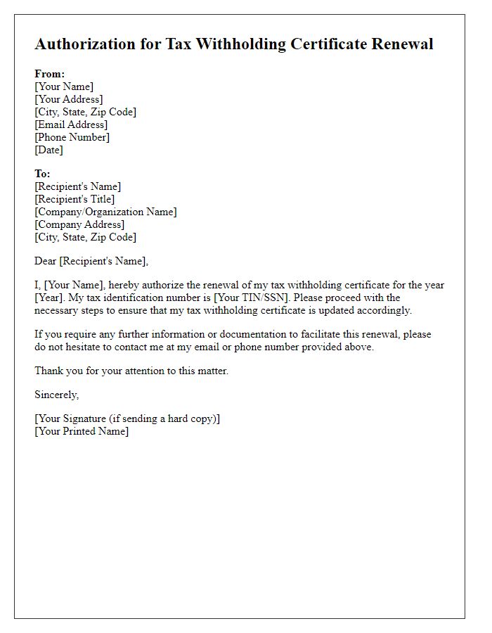 Letter template of authorization for tax withholding certificate renewal