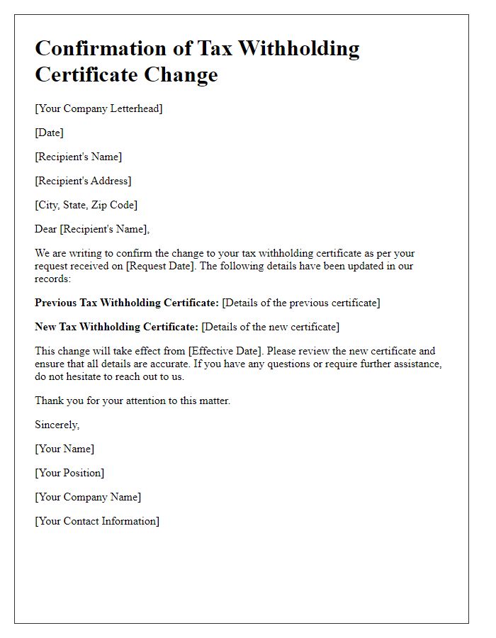 Letter template of confirmation of tax withholding certificate change