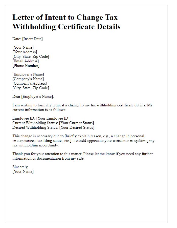 Letter template of intent to change tax withholding certificate details