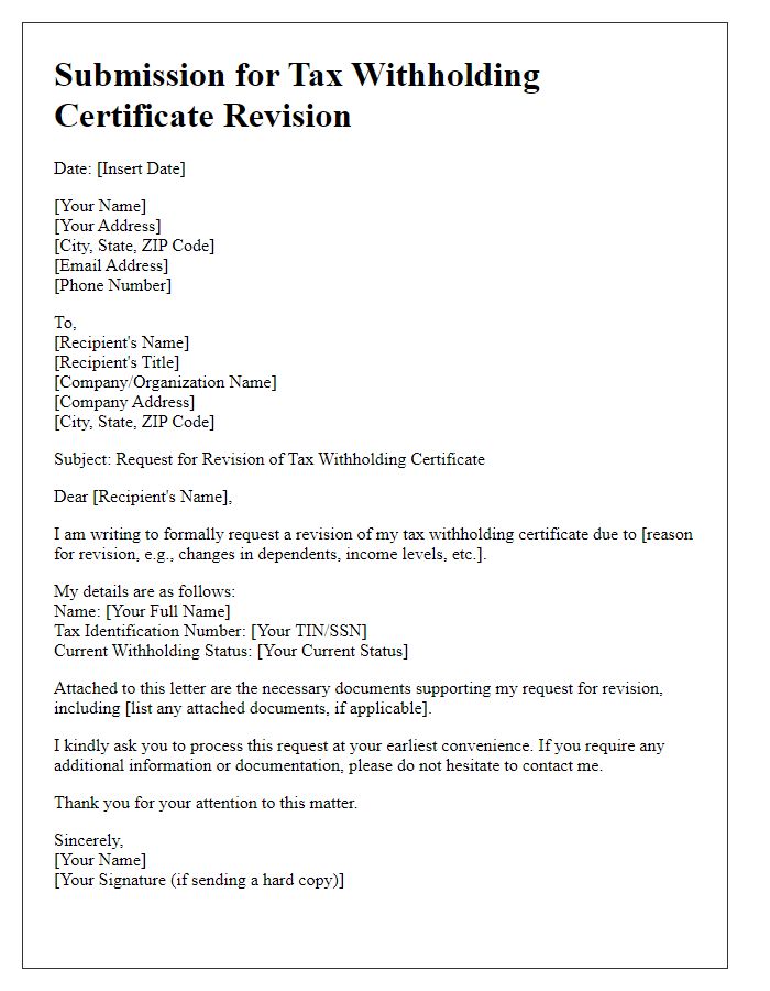 Letter template of submission for tax withholding certificate revision