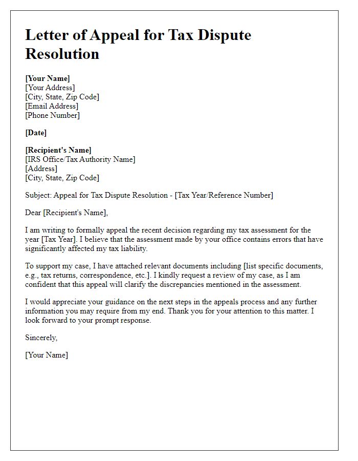 Letter template of appeal for tax dispute resolution