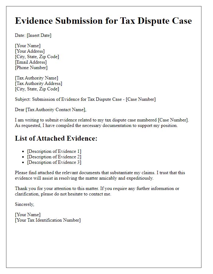 Letter template of evidence submission for tax dispute case