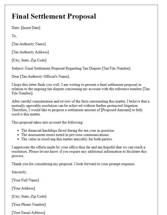 Letter template of final settlement proposal in tax dispute resolution