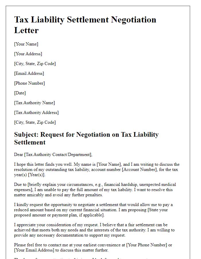 Letter template of negotiation for tax liability settlement