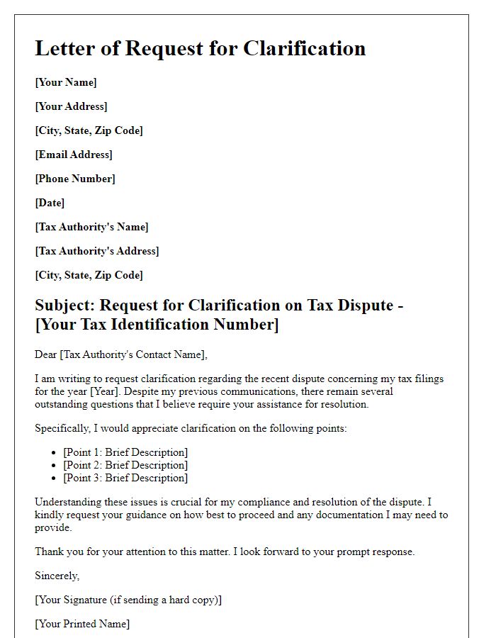 Letter template of request for clarification in tax dispute