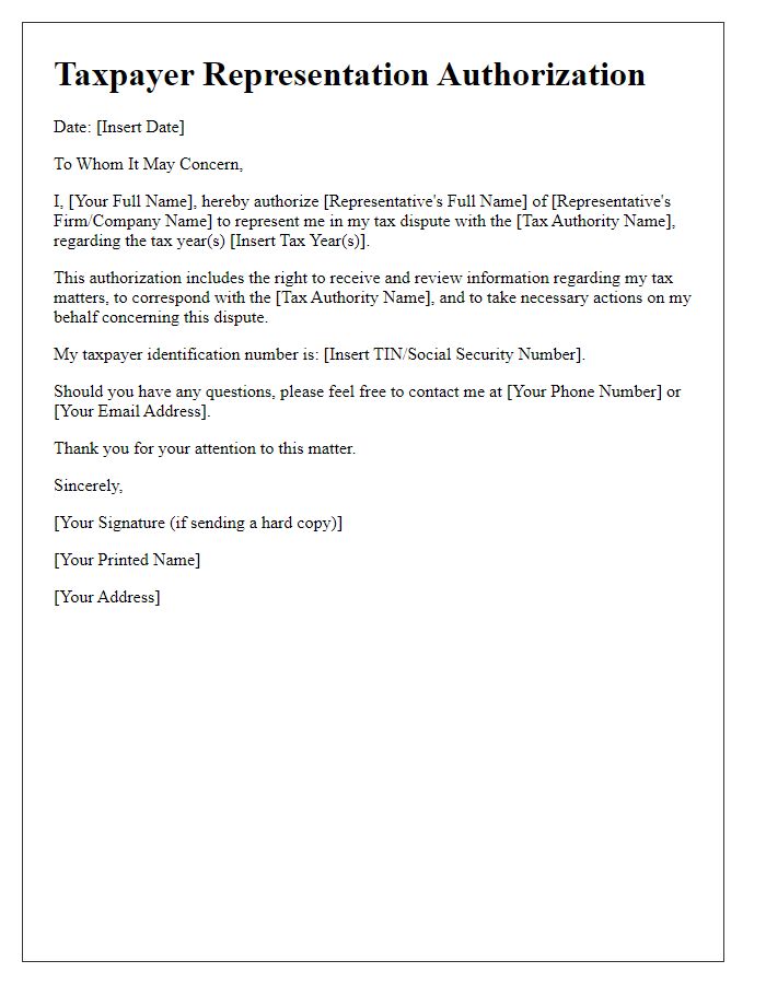 Letter template of taxpayer representation authorization for tax dispute