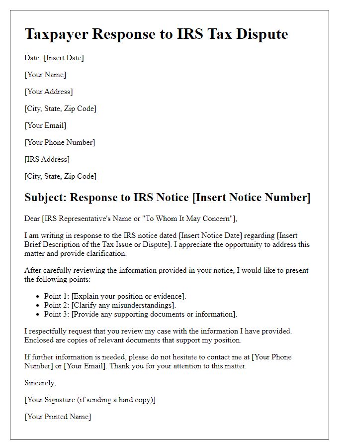 Letter template of taxpayer response to IRS tax dispute