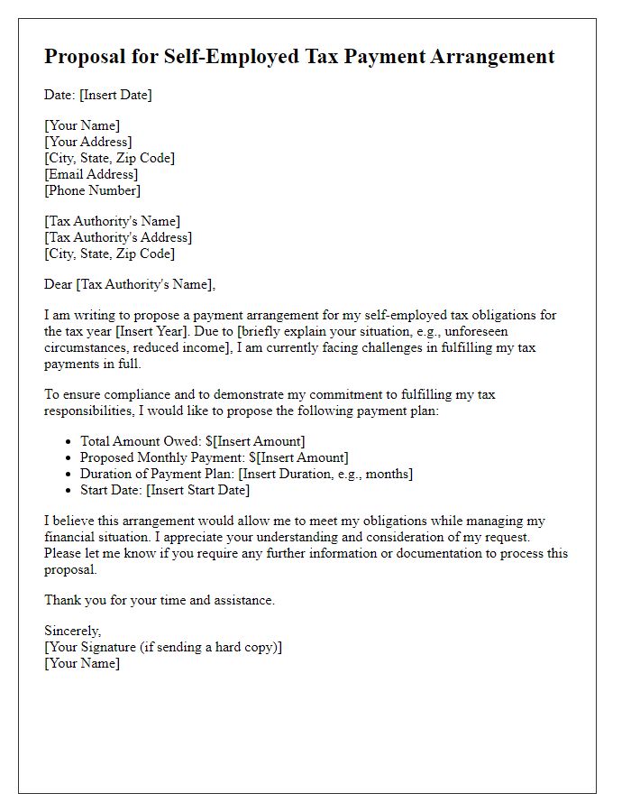 Letter template of proposal for self-employed tax payment arrangement