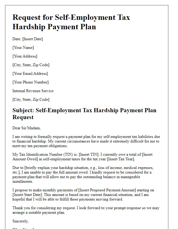 Letter template of self-employment tax hardship payment plan