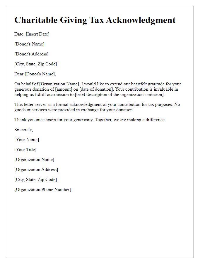 Letter template of charitable giving tax acknowledgment.