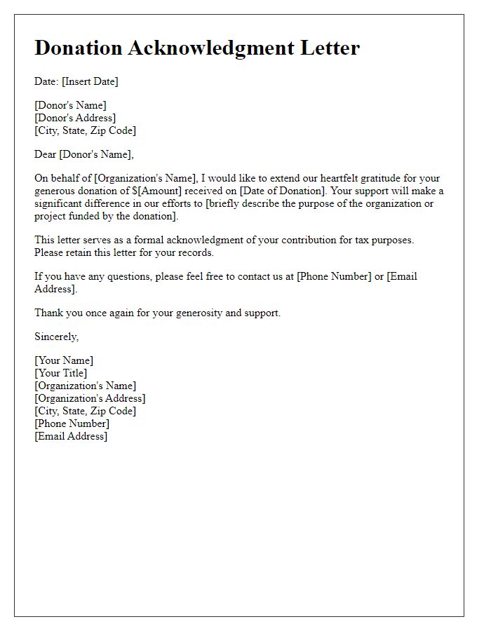 Letter template of charity donation acknowledgment for tax purposes.