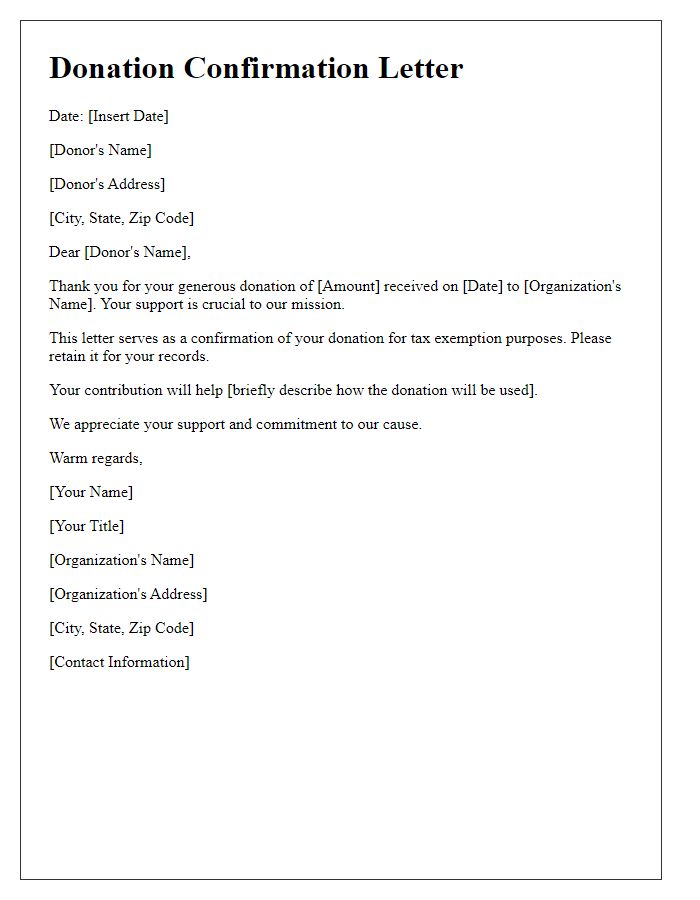 Letter template of donation confirmation for tax exemption.