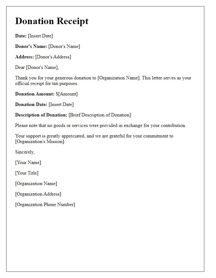 Letter template of IRS compliant donation receipt.