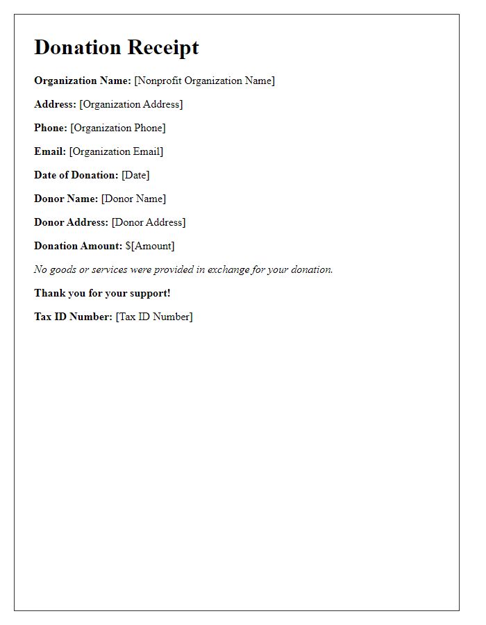 Letter template of nonprofit donation receipt for tax filing.