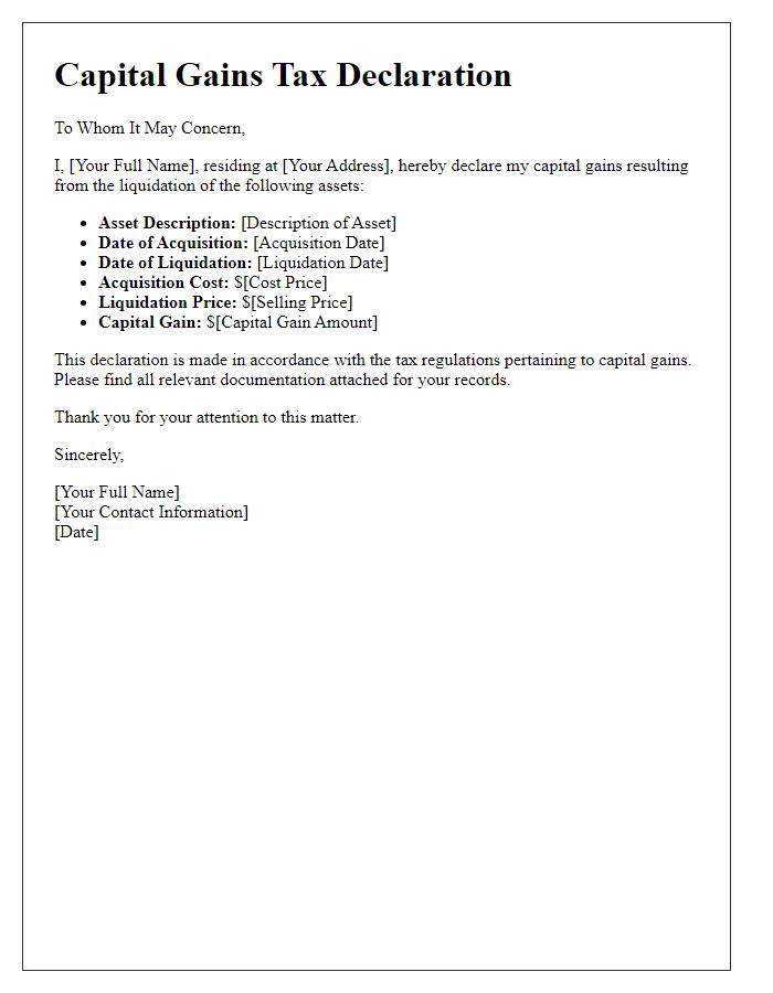 Letter template of capital gains tax declaration for asset liquidations.