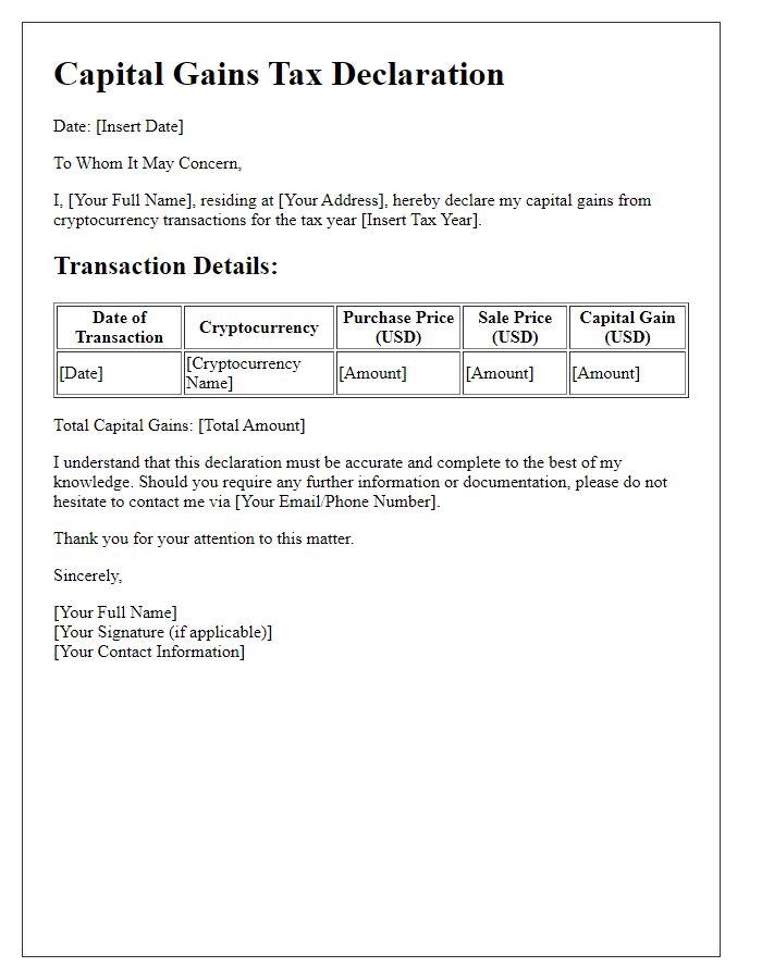 Letter template of capital gains tax declaration for cryptocurrency transactions.