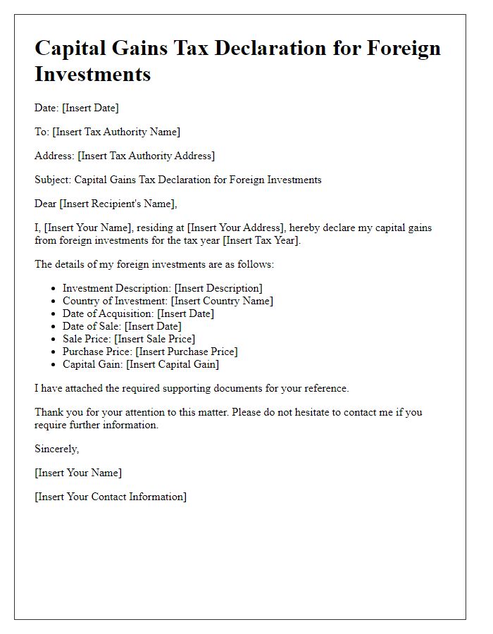 Letter template of capital gains tax declaration for foreign investments.