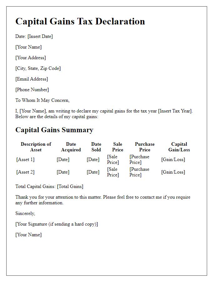 Letter template of capital gains tax declaration for individual investors.