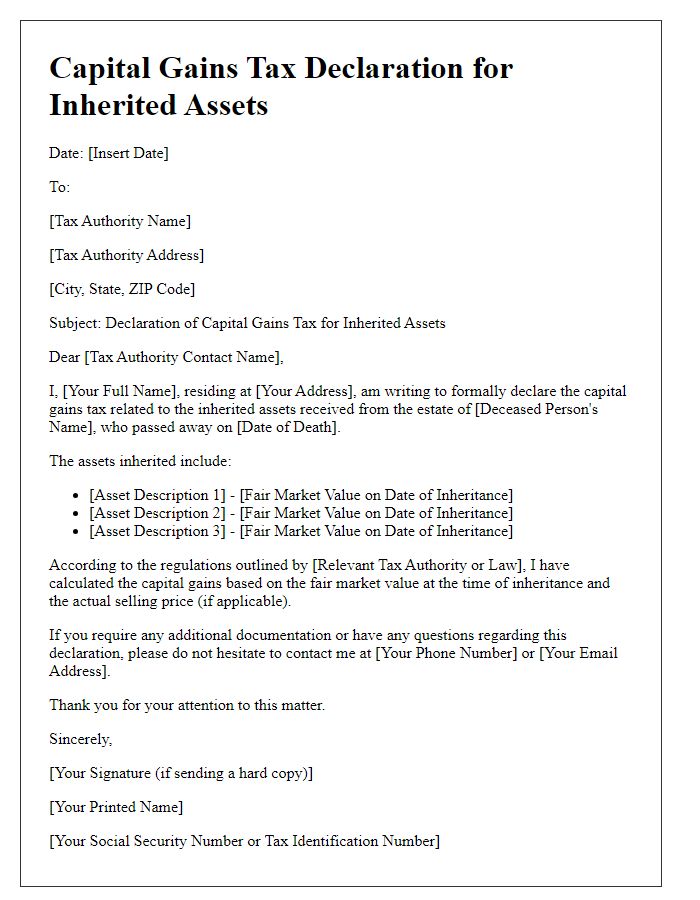 Letter template of capital gains tax declaration for inheritance assets.