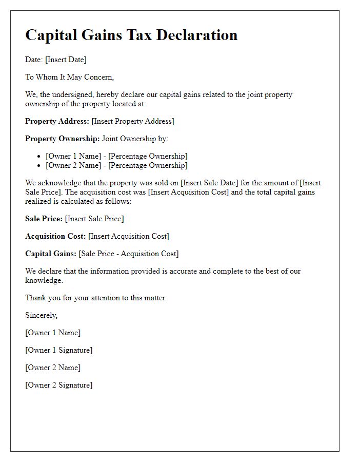 Letter template of capital gains tax declaration for joint property owners.