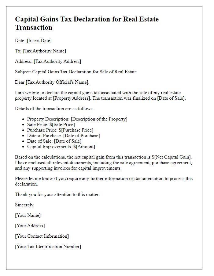 Letter template of capital gains tax declaration for real estate transactions.