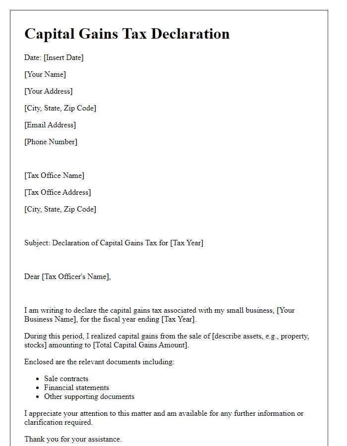 Letter template of capital gains tax declaration for small business owners.