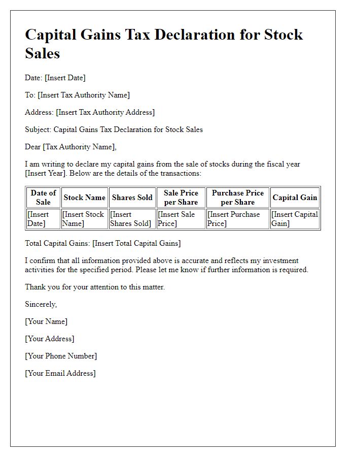 Letter template of capital gains tax declaration for stock sales.