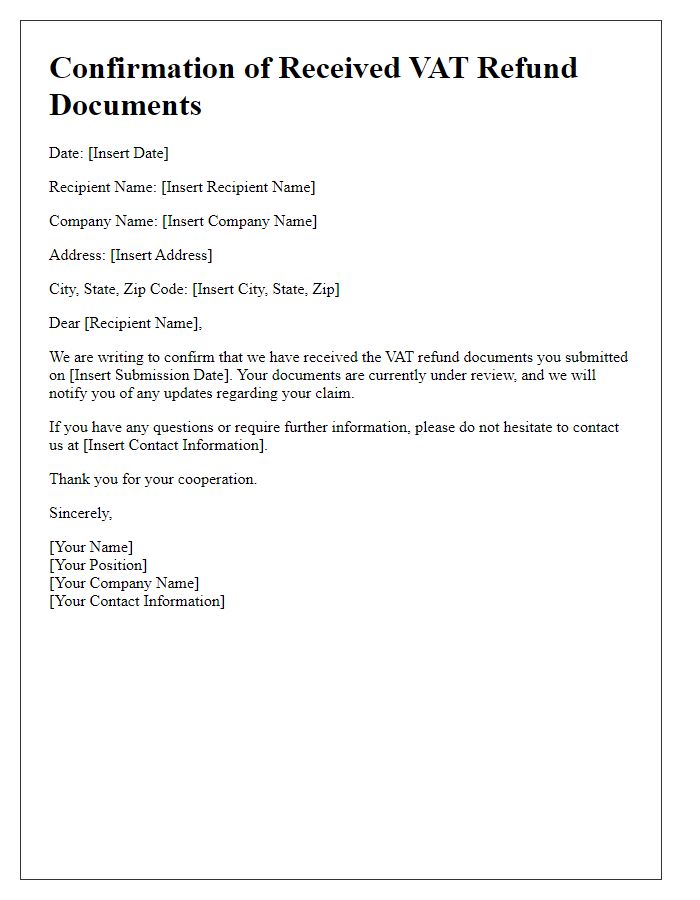 Letter template of confirmation for received VAT refund documents