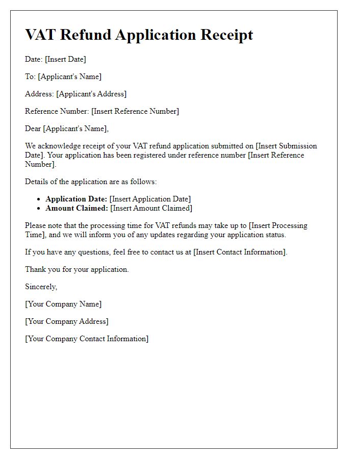 Letter template of receipt for VAT refund application