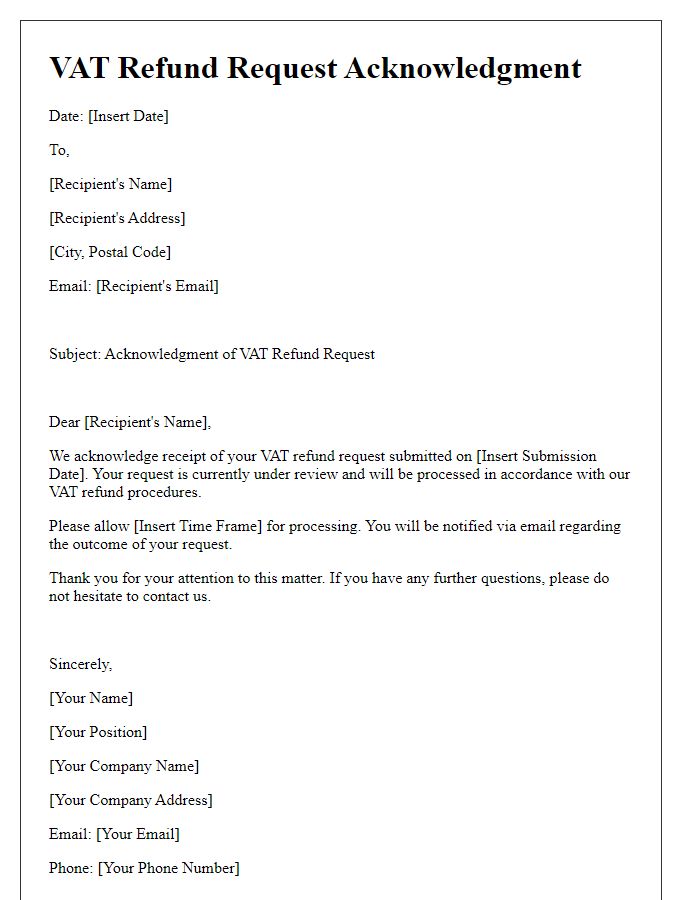 Letter template of VAT refund request acknowledgment