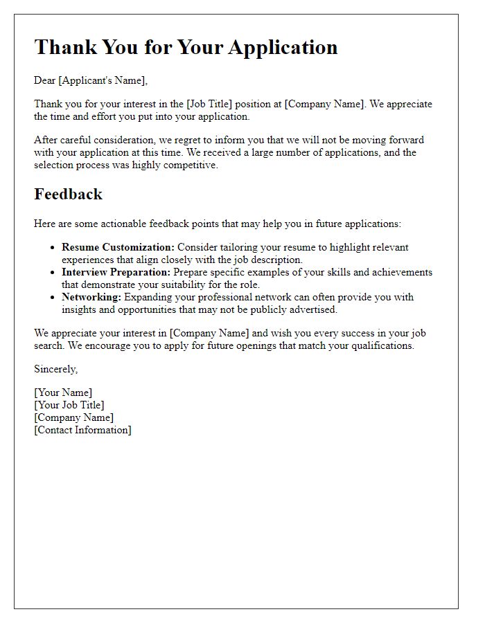 Letter template of actionable feedback for rejected job applicants.