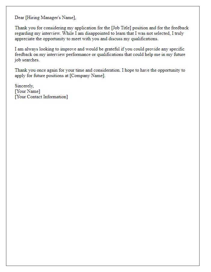 Letter template of courteous response for job rejection feedback.