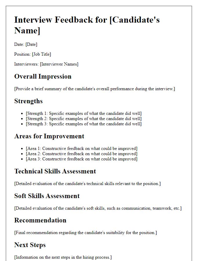 Letter template of detailed evaluation feedback for job interviews.