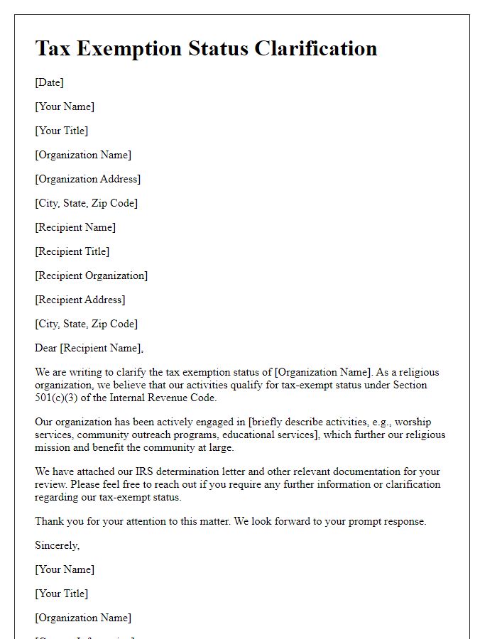 Letter template of tax exemption status clarification for religious organizations.