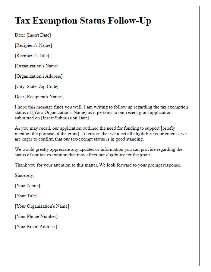 Letter template of tax exemption status follow-up for grant applications.