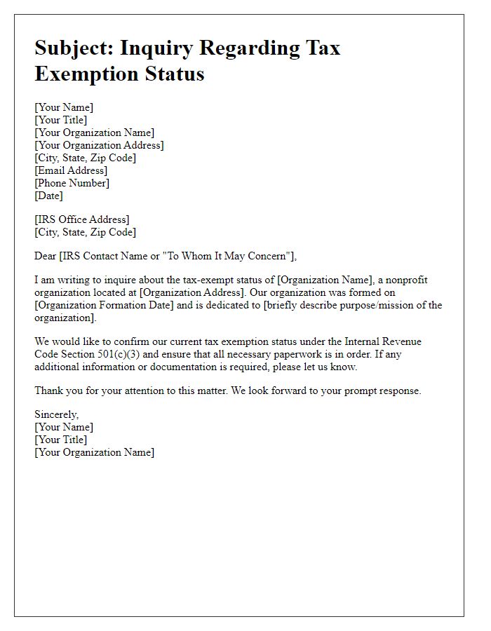 Letter template of tax exemption status inquiry for nonprofit organizations.