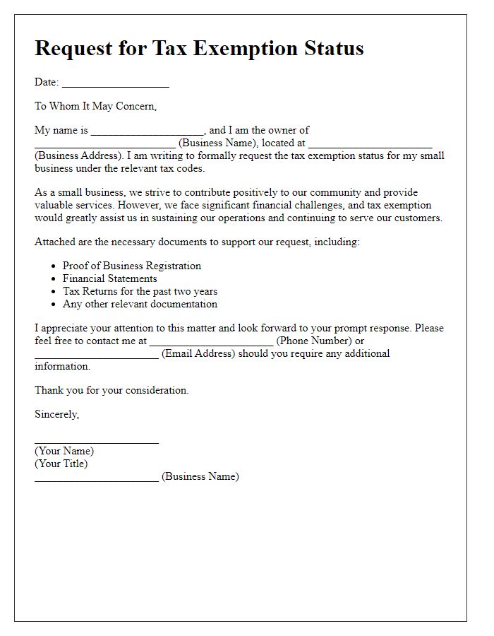 Letter template of tax exemption status request for small businesses.