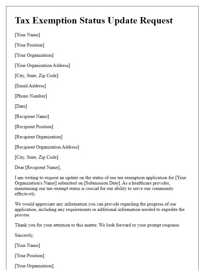 Letter template of tax exemption status update request for healthcare providers.