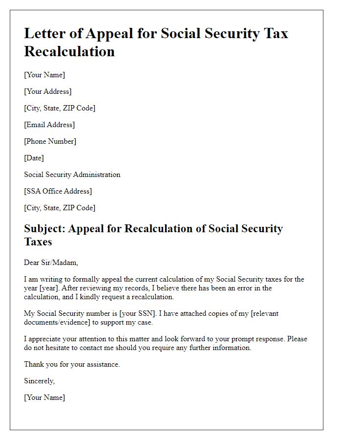 Letter template of appeal for social security tax recalculation