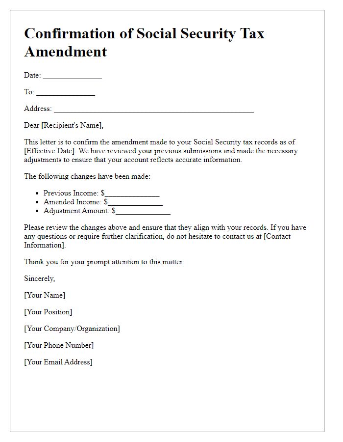 Letter template of confirmation for social security tax amendment