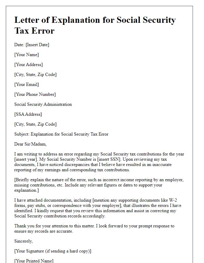 Letter template of explanation for social security tax error