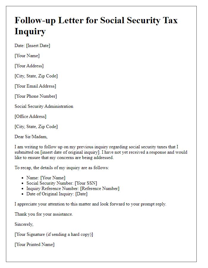 Letter template of follow-up for social security tax inquiry