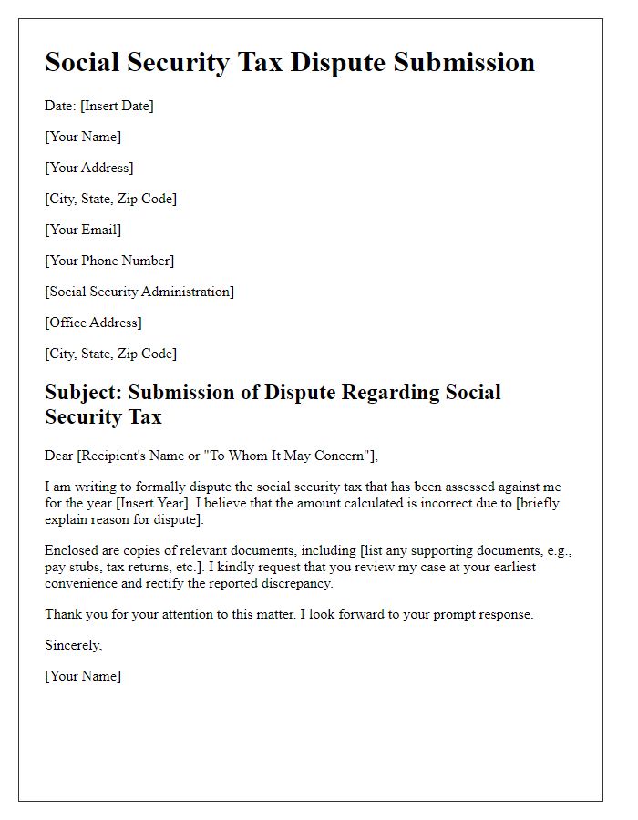 Letter template of submission for social security tax dispute